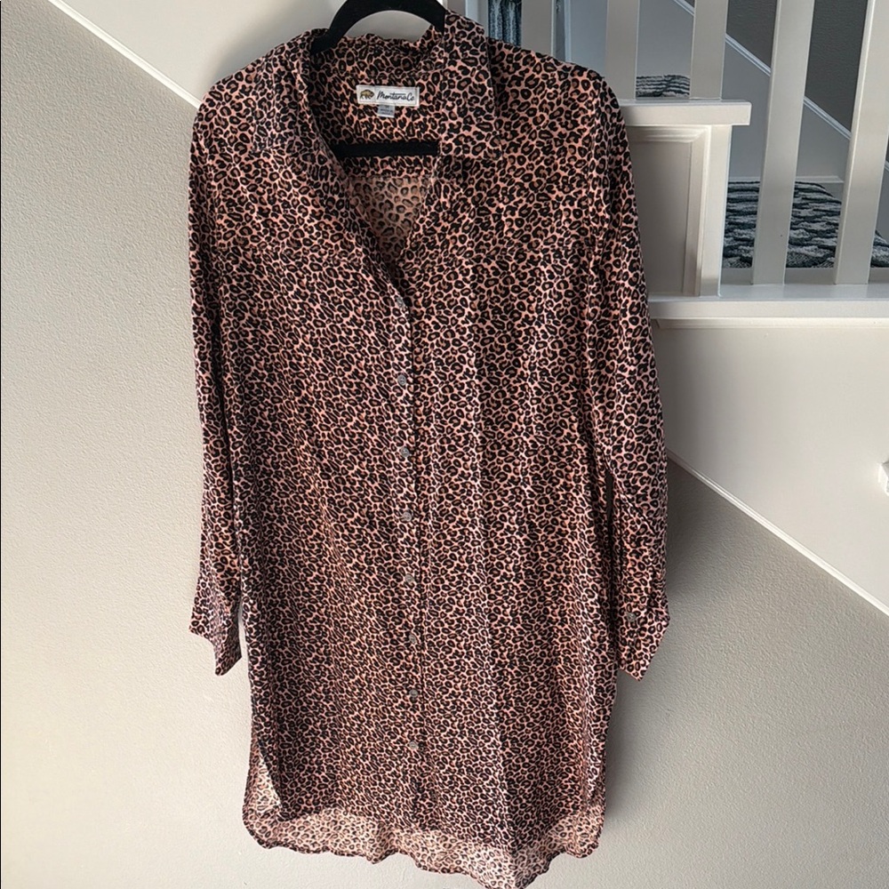 Leopard Print Long-Sleeve Tunic Shirt Dress - Brown Leopard
